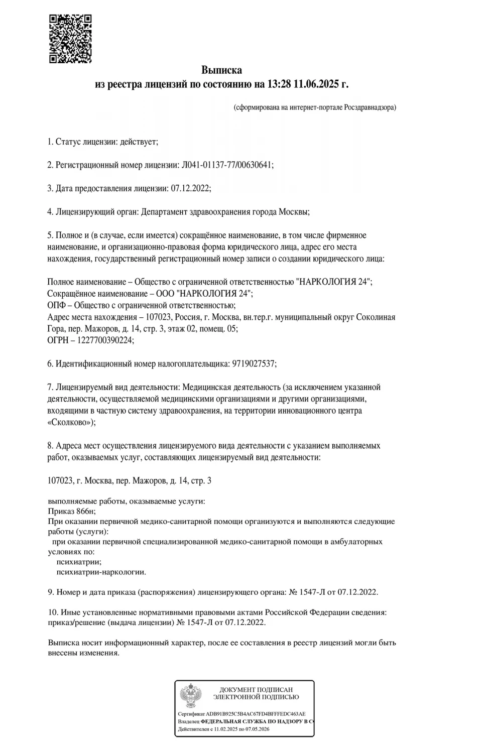 Выписка из реестра лицензий